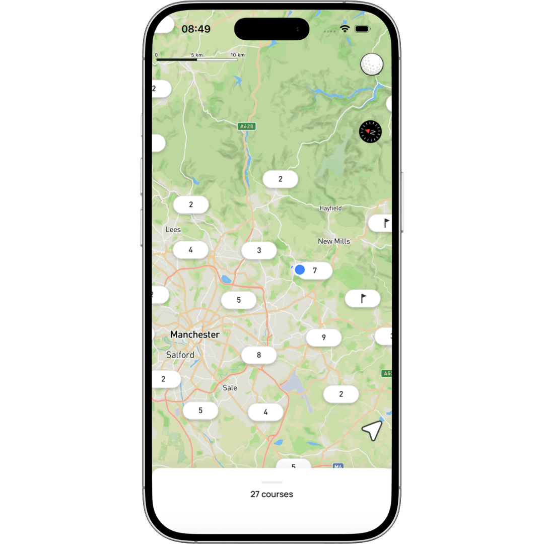 Pinly app showing golf courses near Manchester
